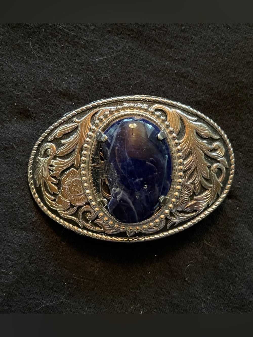 Vintage Ornate Silver-Tone Belt Buckler with Deep Blue Cabochon